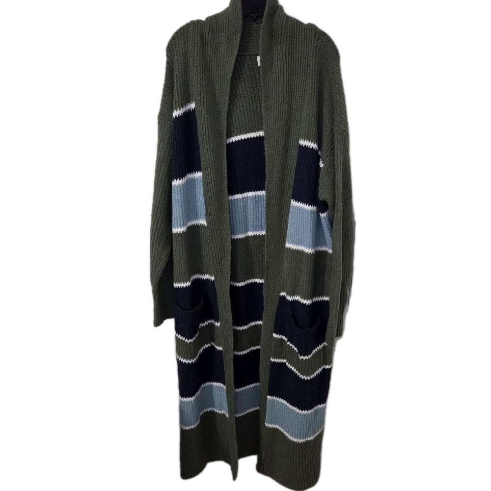 Caslon XL Long Striped Open Front Cardigan Sweater Olive Green Chunky Knit‎